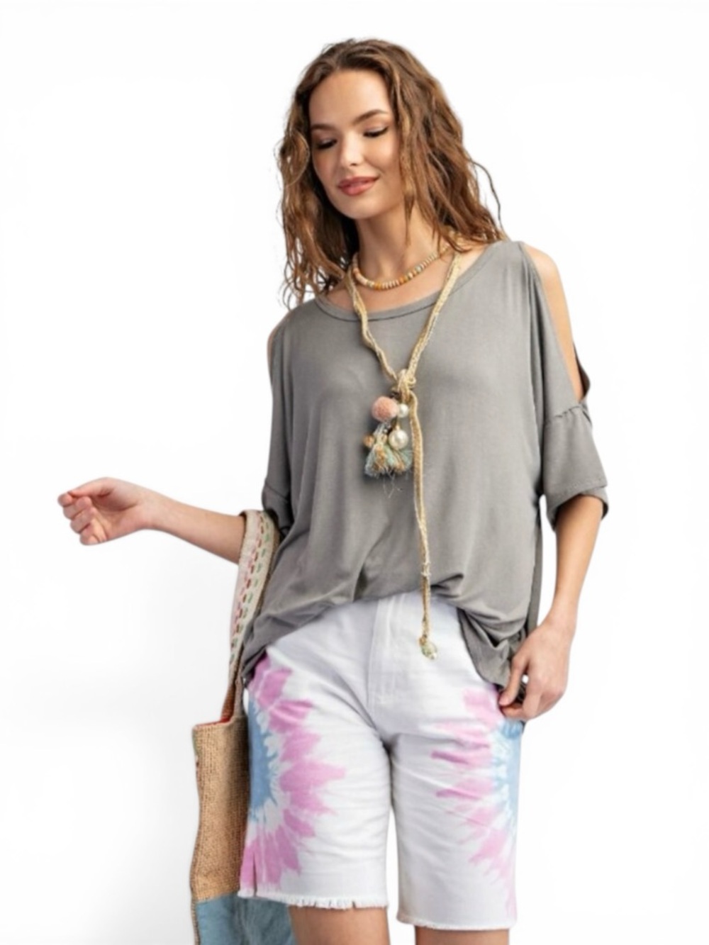 easel White Tie-Dye Denim Shorts with Pink & Blue Accents - Picture 8 of 9